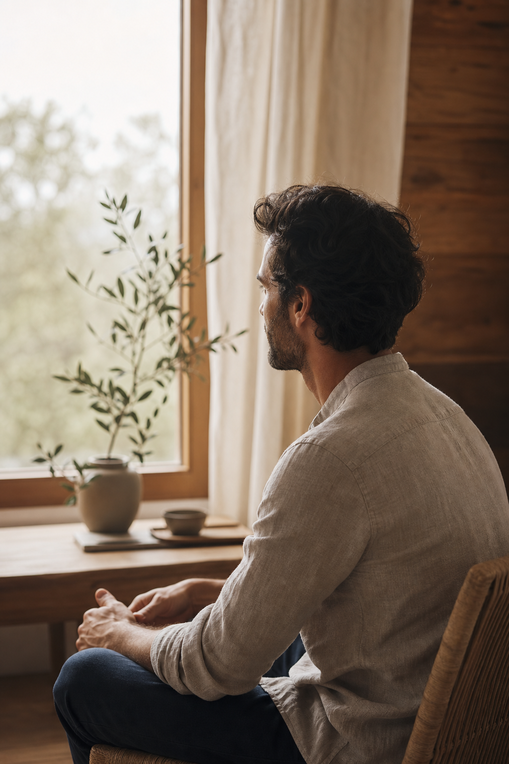 Un accompagnant assis près d’une fenêtre adopte une posture calme et attentive.