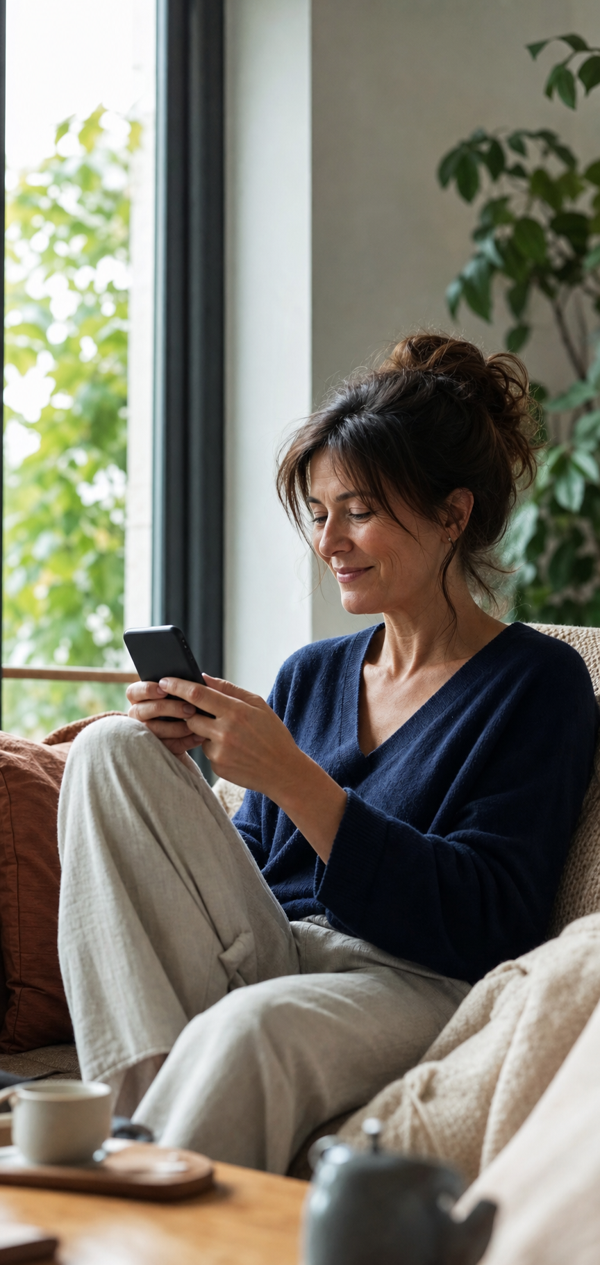 Une personne détendue rédige un message sur son téléphone après une séance de clarification.